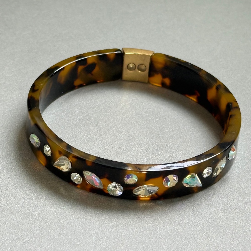 J. CREW Bracelet Bangle Tortoise Clear Faceted Crystals Gold Preppy (7-3/4") - Picture 3 of 7